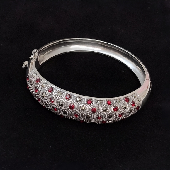 1930's Art Deco Sterling Silver Red Paste Rhinestone Marcasite Hinged Bracelet - Picture 16 of 16